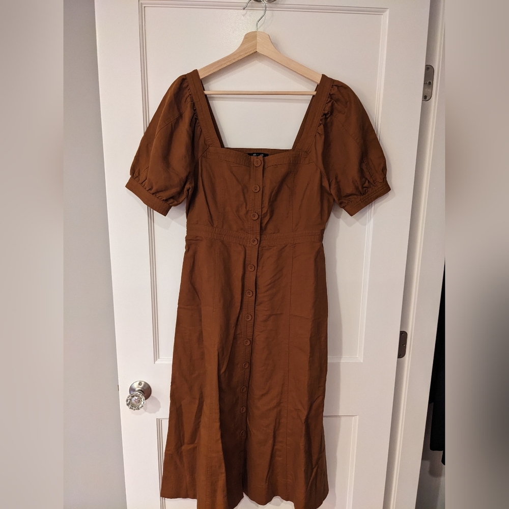 Madewell Briar Puff Sleeve Square Neck Seamed Button-Down Linen Dress